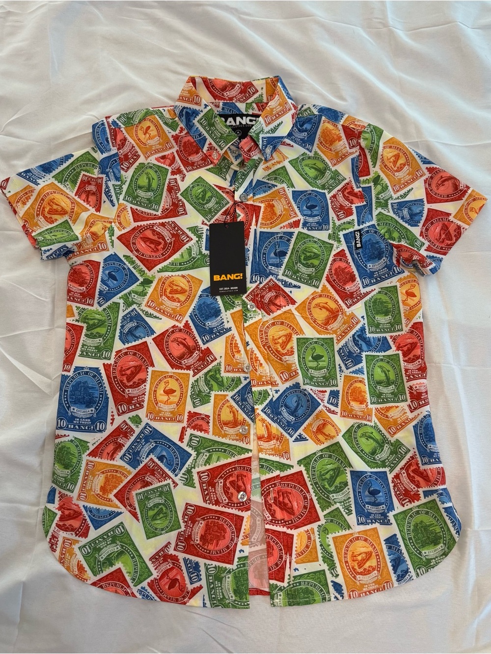 BANG! Miami Postage Stamp Print Short Sleeve Button Down Shirt